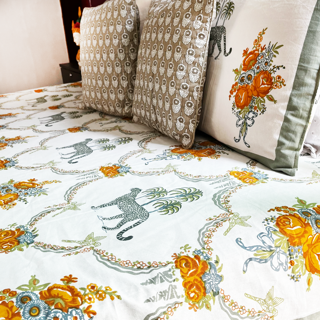 Saga Jaipur- Amara Chaar-Bagh All Over Printed King Sized Bedsheet Set