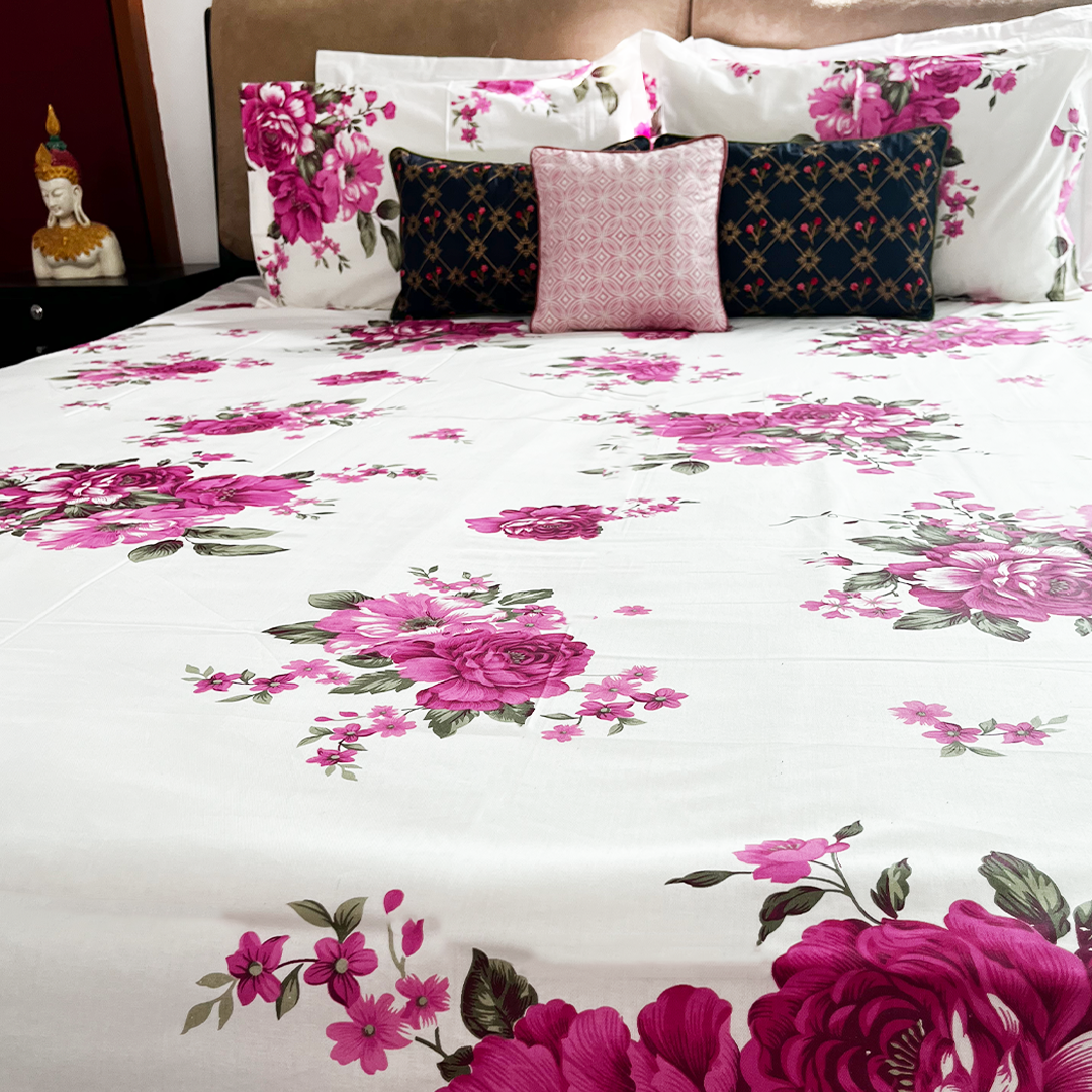 Gul-Gulaab King sized Bedsheet set- Rosy Pink by Saga Jaipur