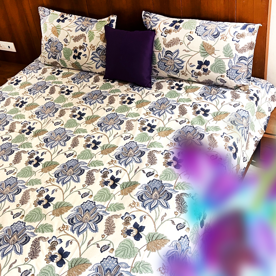 Cerulian Delight All over Printed King Sized Bedsheet Set