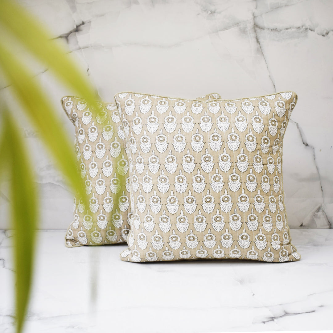 Amara Marigold All Over Printed Quilted Cushion Cover- Cream/ Beige