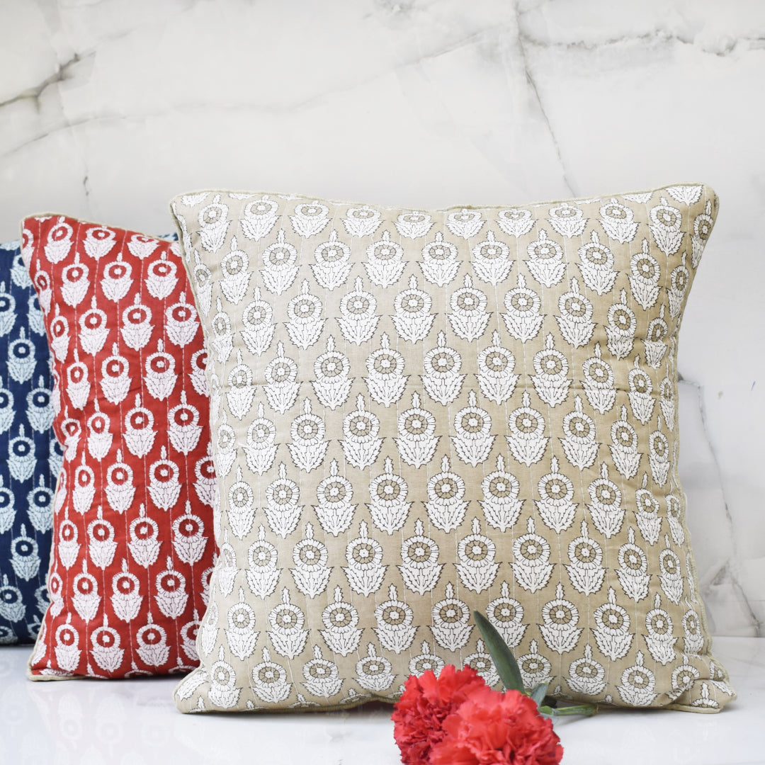 Amara Marigold All Over Printed Quilted Cushion Cover- Cream/ Beige