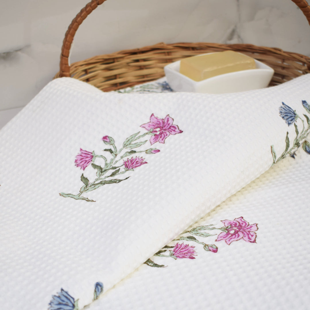 Amara Mughal Garden Butta Waffle-Weave Hand Block Printed Bath Towel (Big)