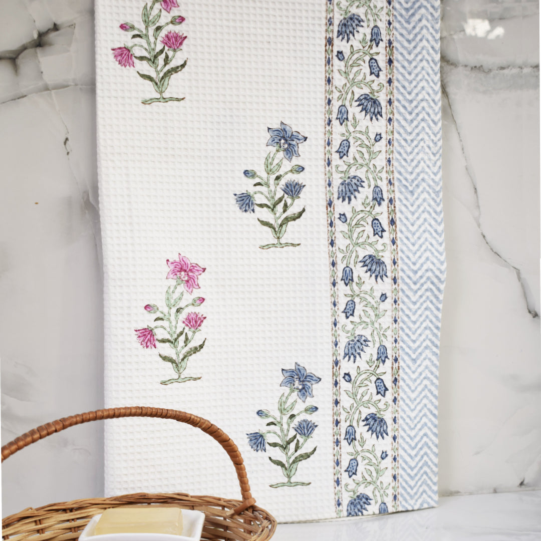 Amara Mughal Garden Butta Waffle-Weave Hand Block Printed Bath Towel (Big)