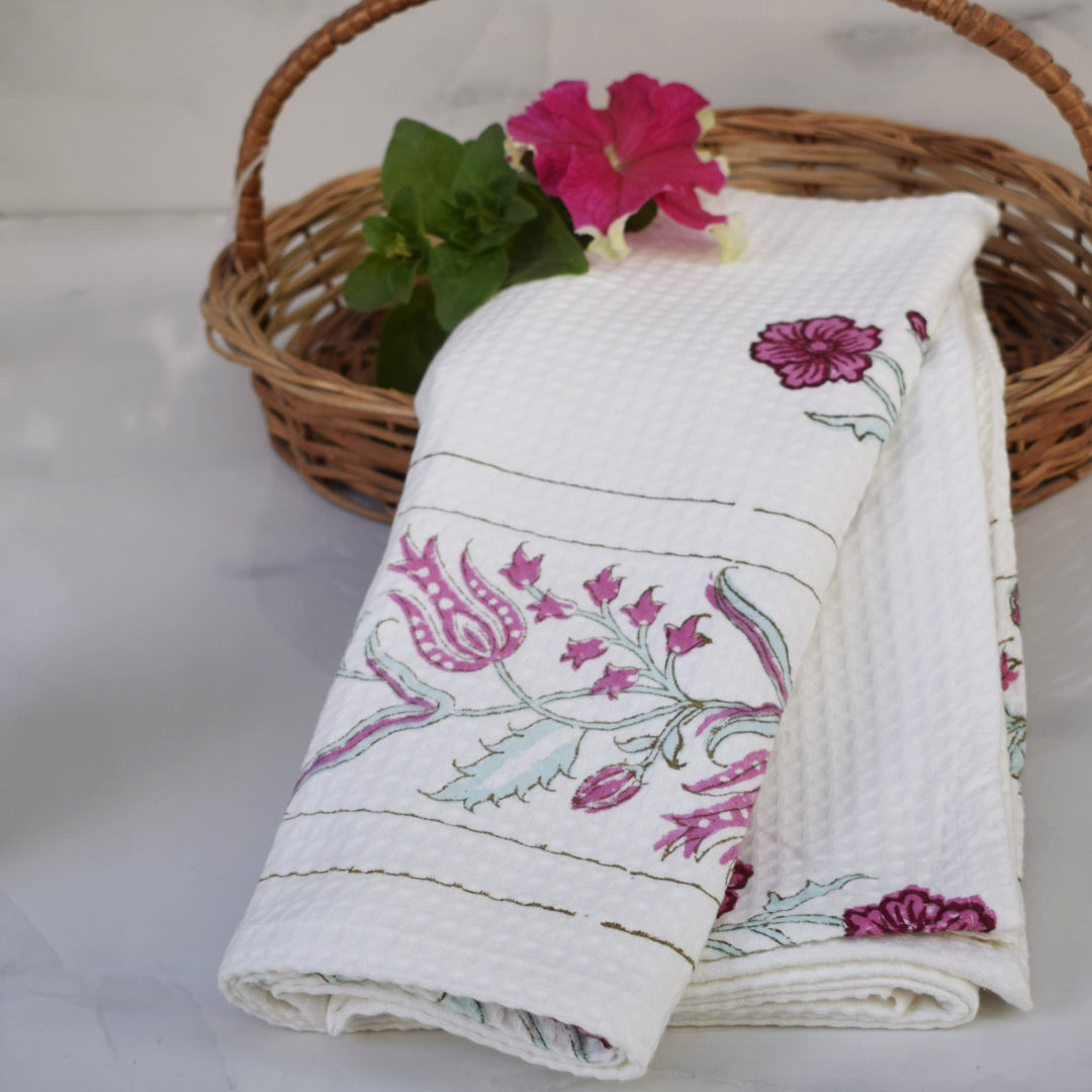 Amara Mughal valley of flowers Waffle-Weave Hand Block Printed Bath Towel (Big)