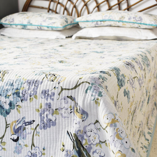 Amara Birds of Garden Printed Reversible Quilted Bedcover Set- Turquoise
