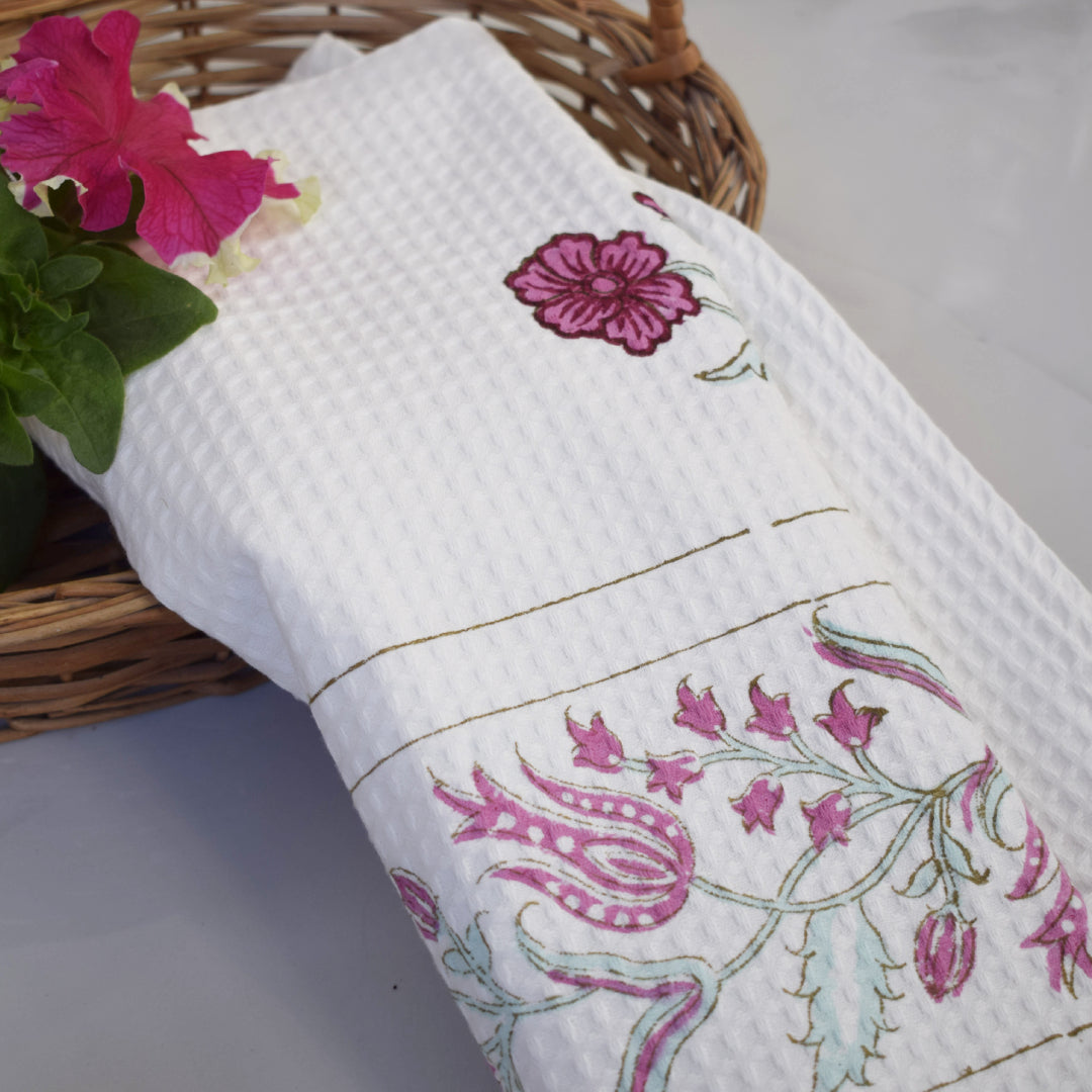 Amara Mughal valley of flowers Waffle-Weave Hand Block Printed Bath Towel (Big)