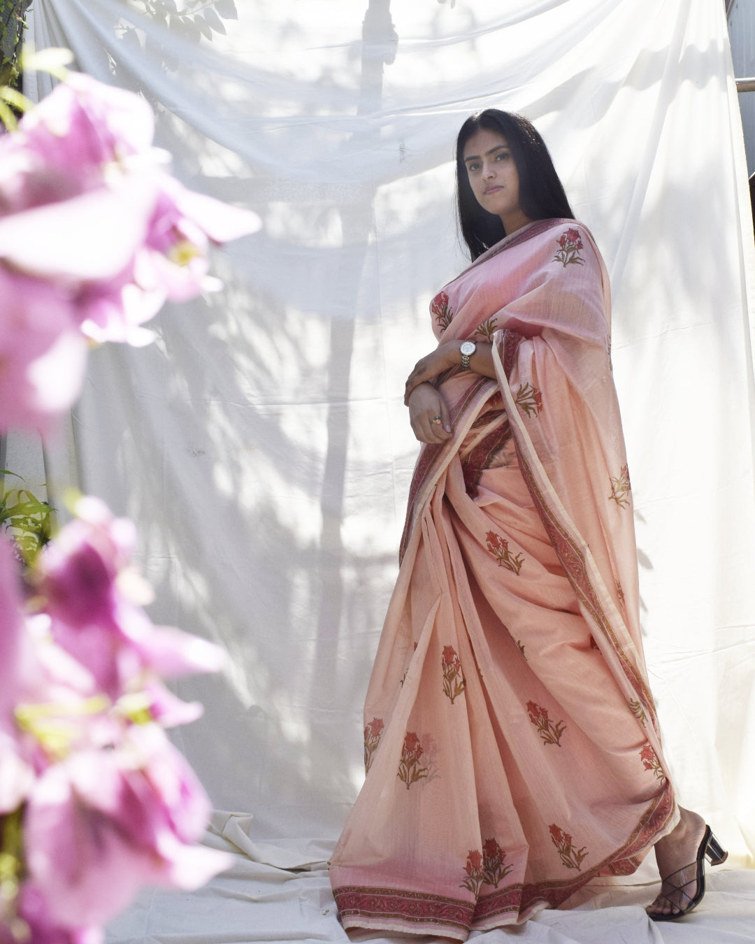 Rosy Affair Chanderi Semi-sheer Block printed Saree