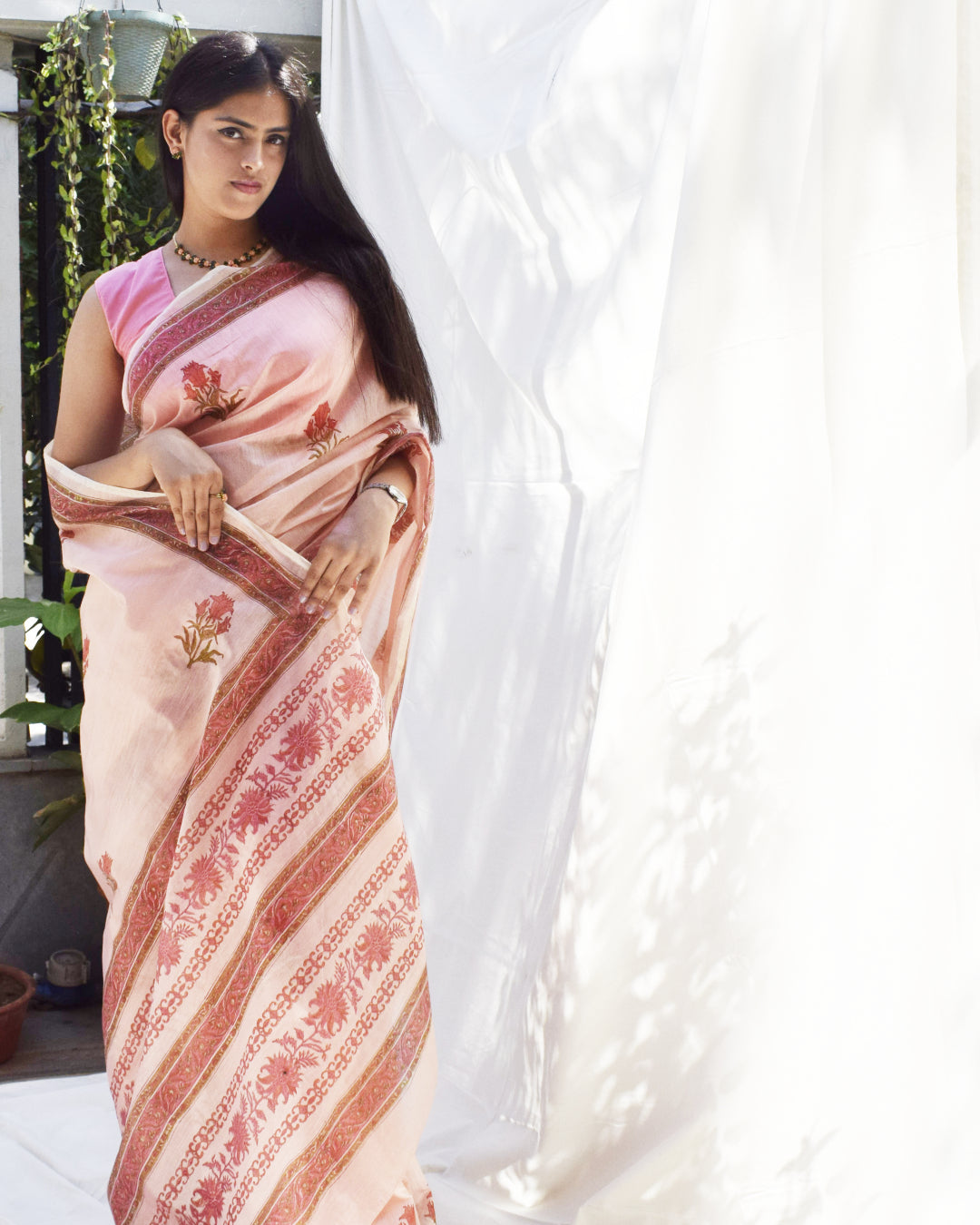 Rosy Affair Chanderi Semi-sheer Block printed Saree