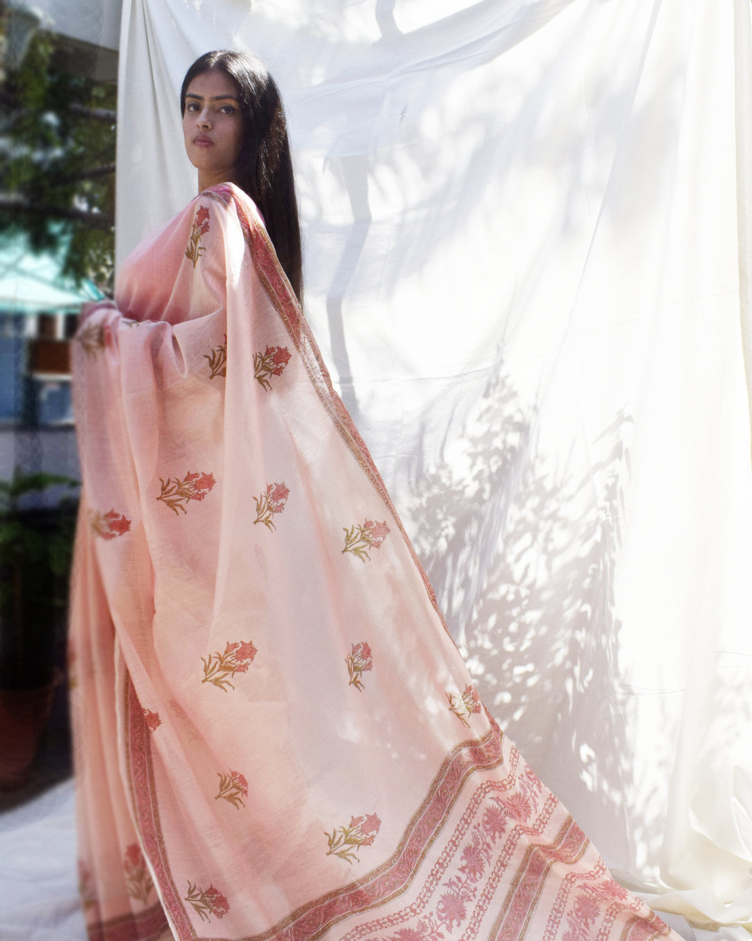 Rosy Affair Chanderi Semi-sheer Block printed Saree