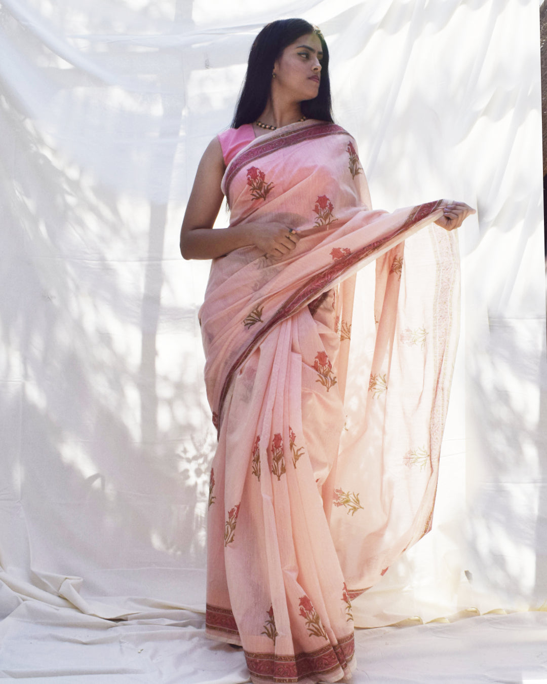 Rosy Affair Chanderi Semi-sheer Block printed Saree