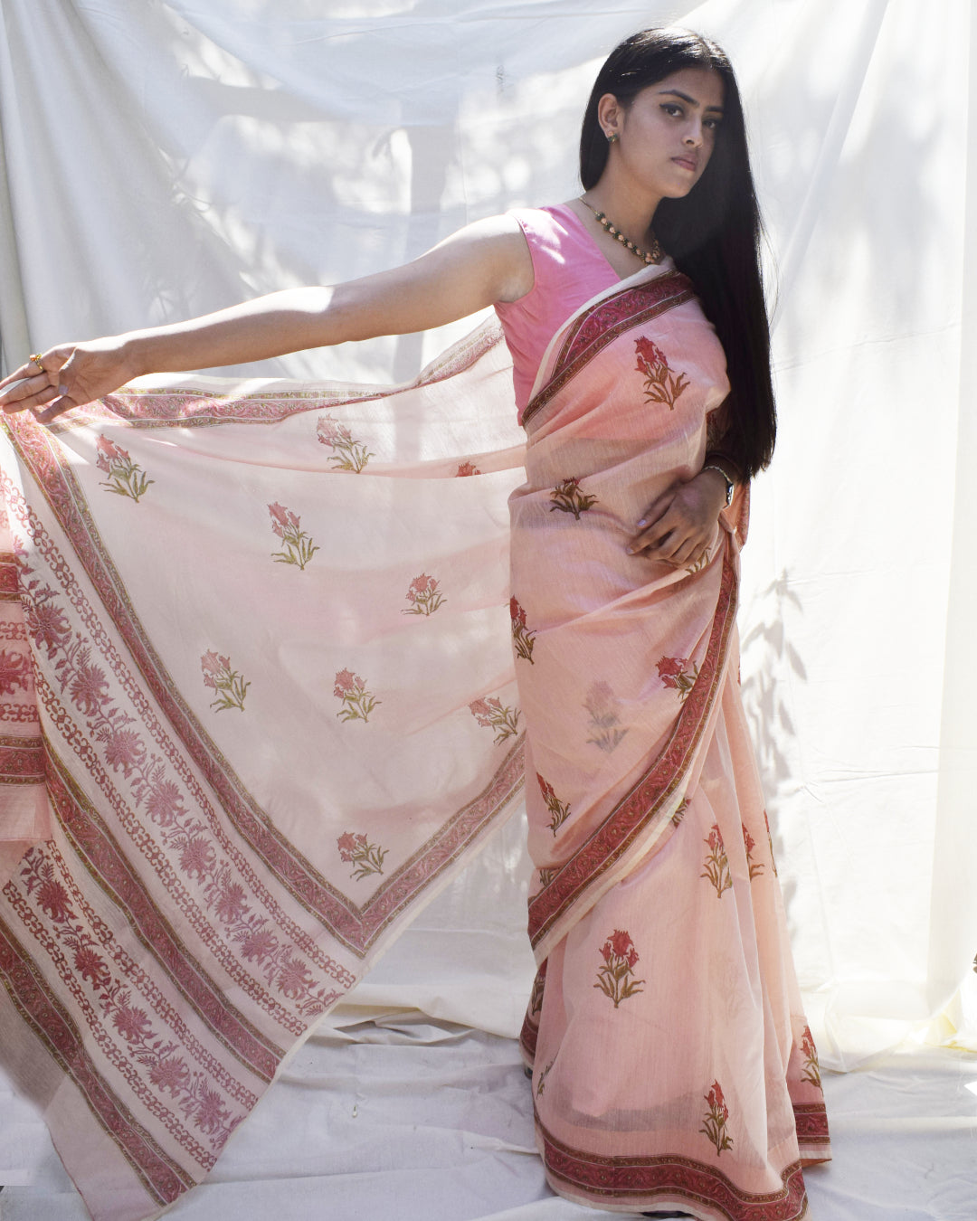 Rosy Affair Chanderi Semi-sheer Block printed Saree