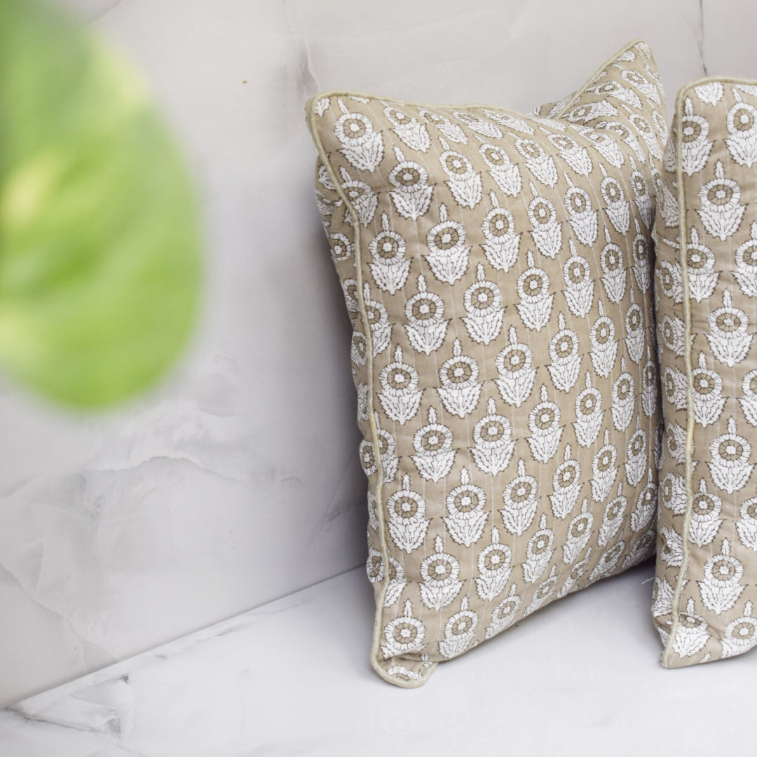 Amara Marigold All Over Printed Quilted Cushion Cover- Cream/ Beige
