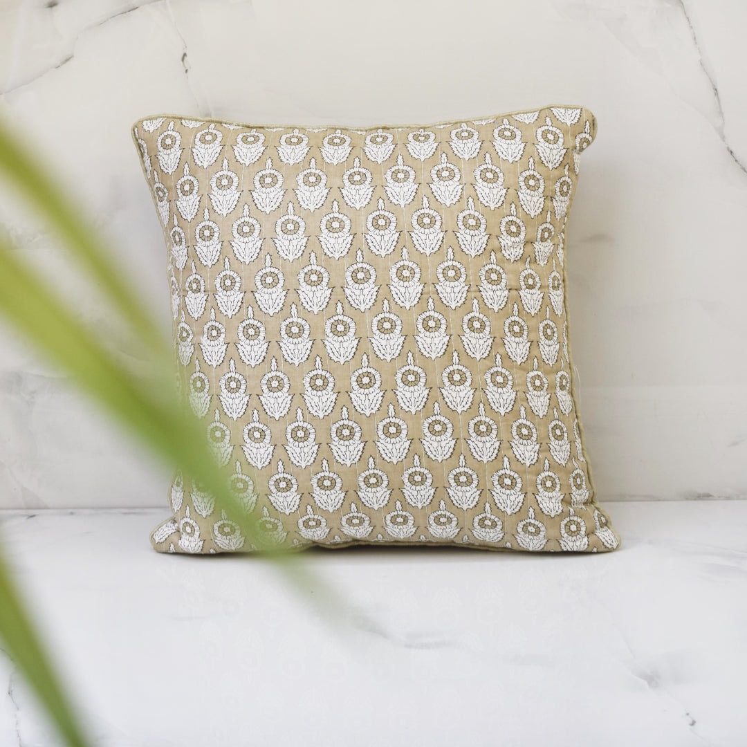 Amara Marigold All Over Printed Quilted Cushion Cover- Cream/ Beige