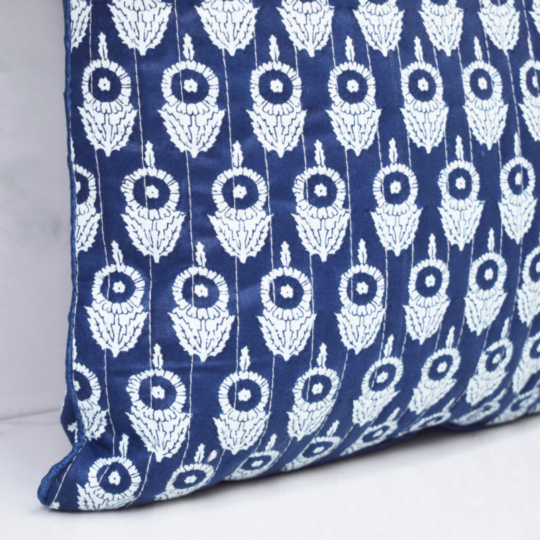 Amara Marigold All Over Printed Quilted Cushion Cover- Indigo