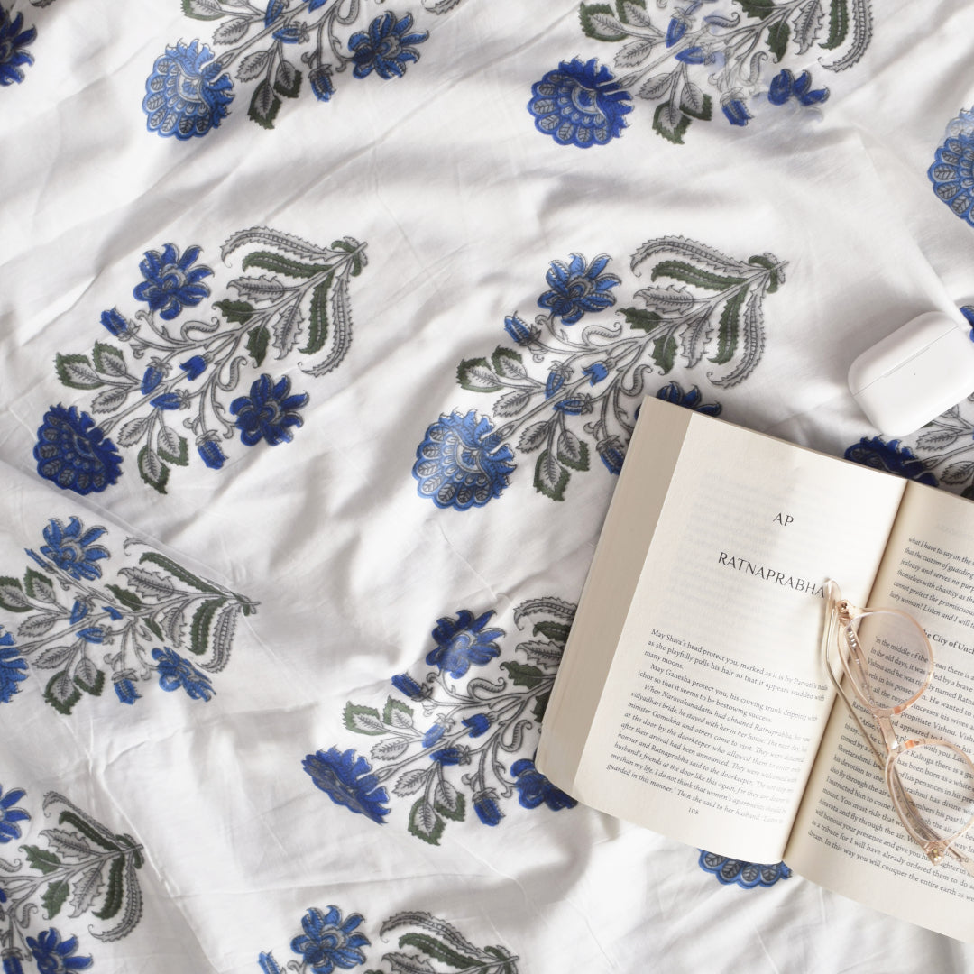 Indigo Nakkasshi All over Printed Cotton Reversible Dohar Set