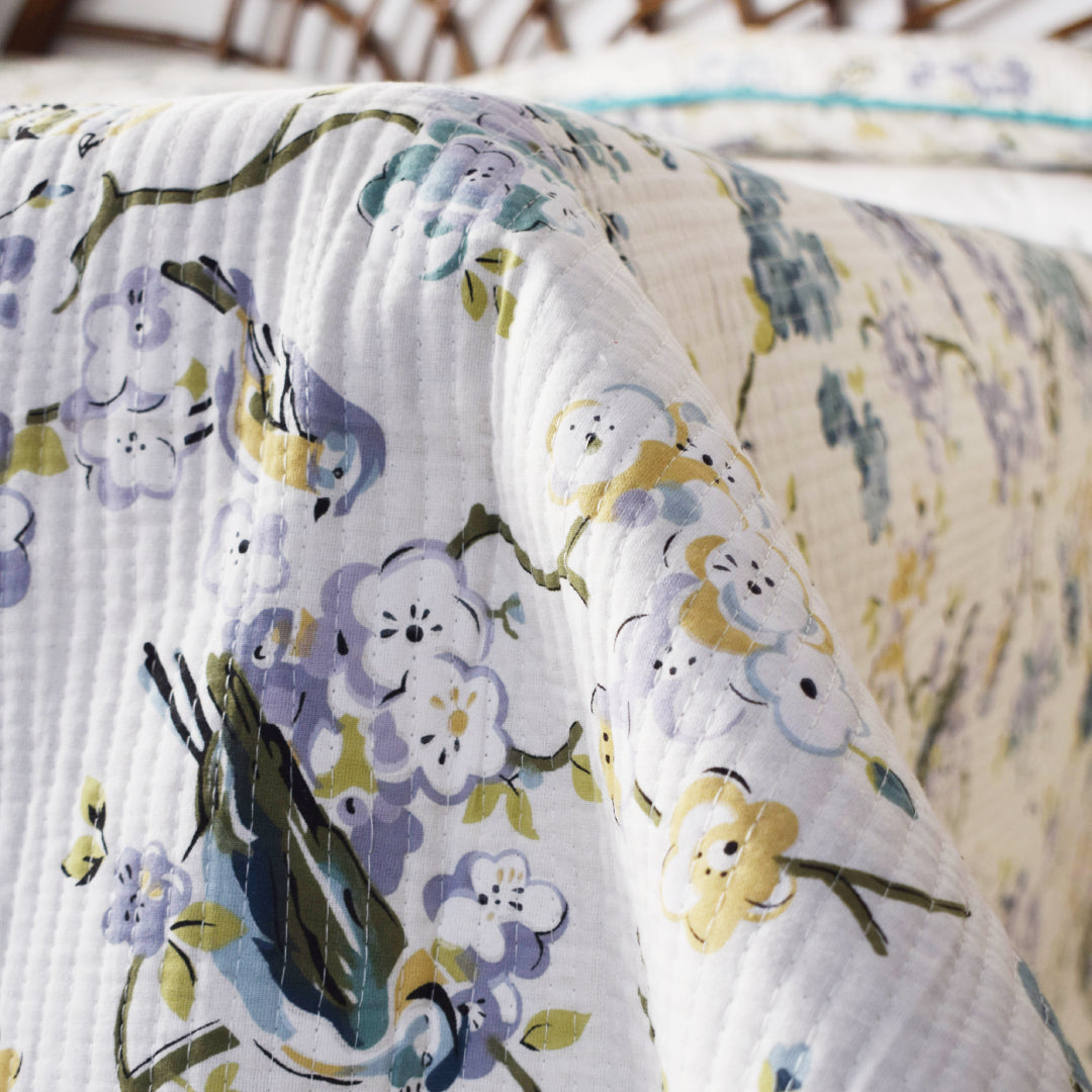 Amara Birds of Garden Printed Reversible Quilted Bedcover Set- Turquoise