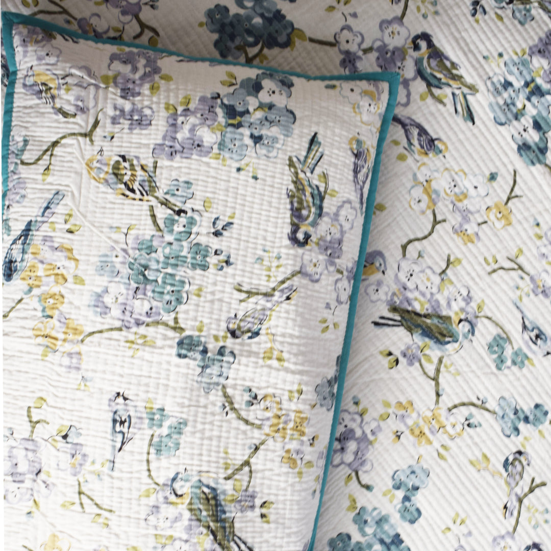 Amara Birds of Garden Printed Reversible Quilted Bedcover Set- Turquoise