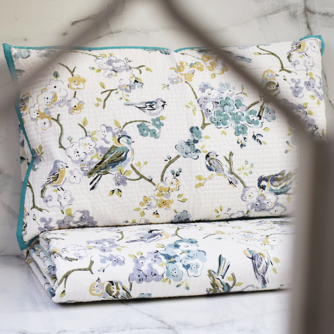 Amara Birds of Garden Printed Reversible Quilted Bedcover Set- Turquoise