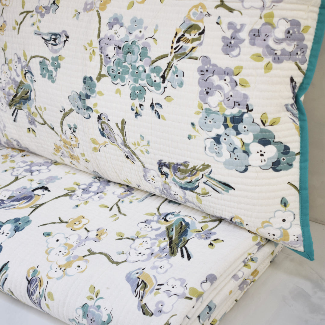 Amara Birds of Garden Printed Reversible Quilted Bedcover Set- Turquoise